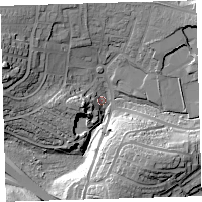Shaded relief map of the ground around PL53PQ, computed from Environment Agency LiDAR. The ground here sits at about 48 m above sea level and falls 41 m across the surrounding 800 m. Surface water reaching this point runs off ground lying to the west-south-west, 17.5 m higher.