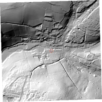 Shaded relief map of the ground around PL54AQ, computed from Environment Agency LiDAR. The ground here sits at about 6 m above sea level and falls 96 m across the surrounding 800 m. Surface water reaching this point runs off ground lying to the south, 93.4 m higher.