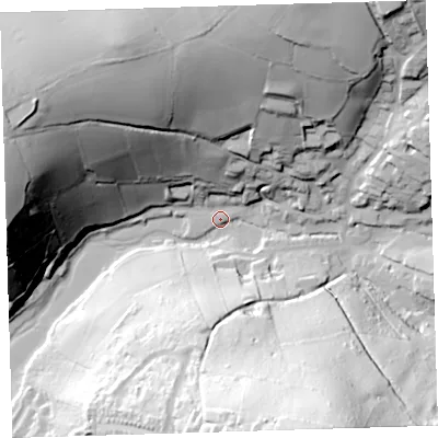 Shaded relief map of the ground around PL54LD, computed from Environment Agency LiDAR. The ground here sits at about 4 m above sea level and falls 91 m across the surrounding 800 m. Surface water reaching this point runs off ground lying to the south-south-east, 88.8 m higher.