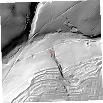 Shaded relief map of the ground around PL54LF, computed from Environment Agency LiDAR. The ground here sits at about 37 m above sea level and falls 89 m across the surrounding 800 m. Surface water reaching this point runs off ground lying to the south, 70.9 m higher.