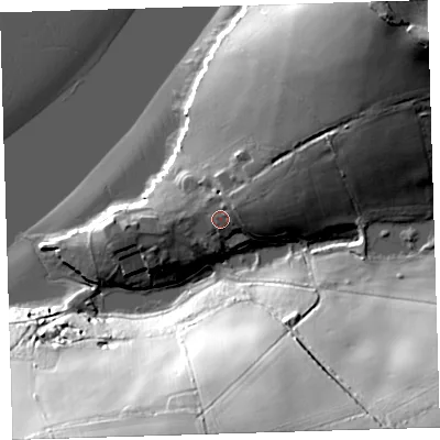 Shaded relief map of the ground around PL54LG, computed from Environment Agency LiDAR. The ground here sits at about 13 m above sea level and falls 59 m across the surrounding 800 m. Surface water reaching this point runs off ground lying to the north-east, 2.7 m higher.