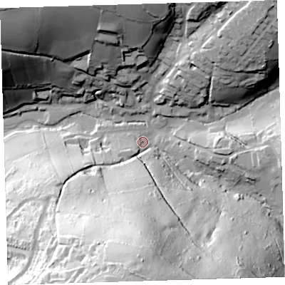 Shaded relief map of the ground around PL54NG, computed from Environment Agency LiDAR. The ground here sits at about 7 m above sea level and falls 99 m across the surrounding 800 m. Surface water reaching this point runs off ground lying to the south, 95.0 m higher.