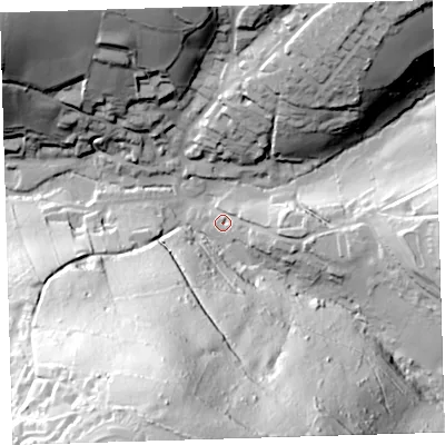 Shaded relief map of the ground around PL54NH, computed from Environment Agency LiDAR. The ground here sits at about 9 m above sea level and falls 99 m across the surrounding 800 m. Surface water reaching this point runs off ground lying to the east, 15.8 m higher.