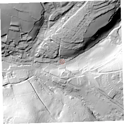 Shaded relief map of the ground around PL54NZ, computed from Environment Agency LiDAR. The ground here sits at about 10 m above sea level and falls 93 m across the surrounding 800 m. Surface water reaching this point runs off ground lying to the north-east, 50.7 m higher.