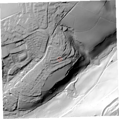 Shaded relief map of the ground around PL54QF, computed from Environment Agency LiDAR. The ground here sits at about 55 m above sea level and falls 87 m across the surrounding 800 m. Surface water reaching this point runs off ground lying to the north, 7.6 m higher.