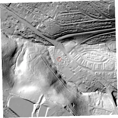 Shaded relief map of the ground around PL65BN, computed from Environment Agency LiDAR. The ground here sits at about 31 m above sea level and falls 93 m across the surrounding 800 m. Surface water reaching this point runs off ground lying to the east-south-east, 12.7 m higher.