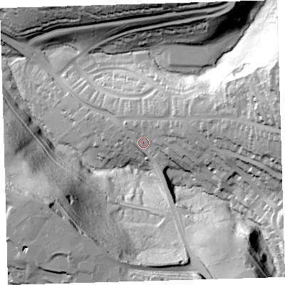 Shaded relief map of the ground around PL65ES, computed from Environment Agency LiDAR. The ground here sits at about 52 m above sea level and falls 80 m across the surrounding 800 m. Surface water reaching this point runs off ground lying to the south-east, 47.9 m higher.