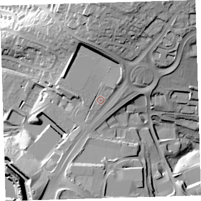 Shaded relief map of the ground around PL65US, computed from Environment Agency LiDAR. The ground here sits at about 119 m above sea level and falls 49 m across the surrounding 800 m. Surface water reaching this point runs off ground lying to the north, 11.5 m higher.