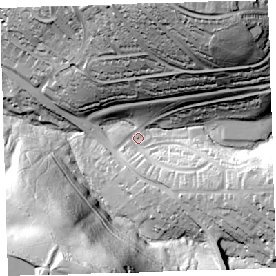 Shaded relief map of the ground around PL66QB, computed from Environment Agency LiDAR. The ground here sits at about 32 m above sea level and falls 94 m across the surrounding 800 m. Surface water reaching this point runs off ground lying to the east-north-east, 61.1 m higher.