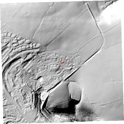 Shaded relief map of the ground around PL67SA, computed from Environment Agency LiDAR. The ground here sits at about 128 m above sea level and falls 101 m across the surrounding 800 m. Surface water reaching this point runs off ground lying to the north-west, 36.3 m higher.