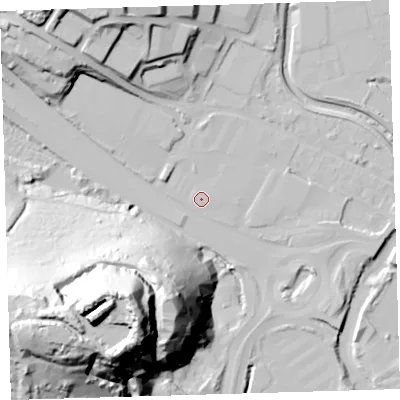Shaded relief map of the ground around PL68AY, computed from Environment Agency LiDAR. The ground here sits at about 4 m above sea level and falls 79 m across the surrounding 800 m. Surface water reaching this point runs off ground lying to the south-south-west, 76.6 m higher.