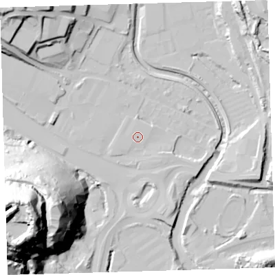 Shaded relief map of the ground around PL68ET, computed from Environment Agency LiDAR. The ground here sits at about 4 m above sea level and falls 79 m across the surrounding 800 m. The ground contributing surface water to this point lies to the north-east.