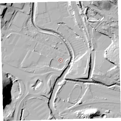 Shaded relief map of the ground around PL68LB, computed from Environment Agency LiDAR. The ground here sits at about 3 m above sea level and falls 48 m across the surrounding 800 m. Surface water reaching this point runs off ground lying to the south, 3.5 m higher.