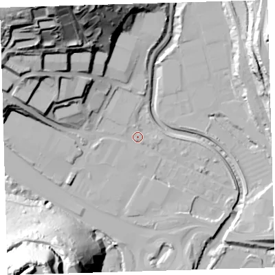 Shaded relief map of the ground around PL68LD, computed from Environment Agency LiDAR. The ground here sits at about 4 m above sea level and falls 79 m across the surrounding 800 m. Surface water reaching this point runs off ground lying to the north-north-west, 63.0 m higher.
