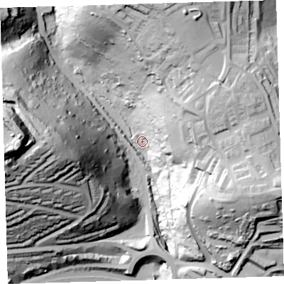 Shaded relief map of the ground around PL68LF, computed from Environment Agency LiDAR. The ground here sits at about 6 m above sea level and falls 92 m across the surrounding 800 m. Surface water reaching this point runs off ground lying to the west-south-west, 69.0 m higher.