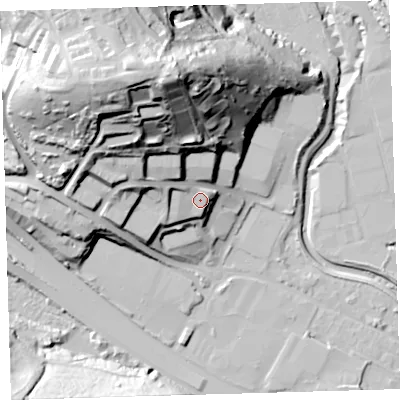 Shaded relief map of the ground around PL68LH, computed from Environment Agency LiDAR. The ground here sits at about 17 m above sea level and falls 66 m across the surrounding 800 m. Surface water reaching this point runs off ground lying to the west-north-west, 8.2 m higher.