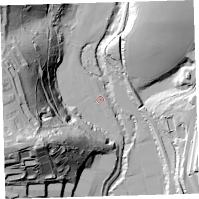 Shaded relief map of the ground around PL68LL, computed from Environment Agency LiDAR. The ground here sits at about 6 m above sea level and falls 65 m across the surrounding 800 m. Surface water reaching this point runs off ground lying to the north-west, 1.0 m higher.
