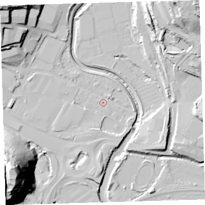 Shaded relief map of the ground around PL68LN, computed from Environment Agency LiDAR. The ground here sits at about 3 m above sea level and falls 57 m across the surrounding 800 m. Surface water reaching this point runs off ground lying to the north-west, 29.6 m higher.