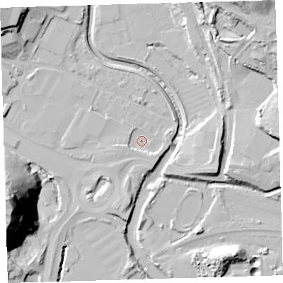 Shaded relief map of the ground around PL68LT, computed from Environment Agency LiDAR. The ground here sits at about 2 m above sea level and falls 59 m across the surrounding 800 m. Surface water reaching this point runs off ground lying to the south-east, 3.5 m higher.