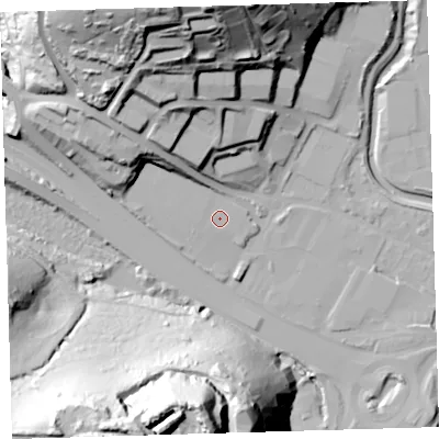 Shaded relief map of the ground around PL68LX, computed from Environment Agency LiDAR. The ground here sits at about 6 m above sea level and falls 78 m across the surrounding 800 m. The ground contributing surface water to this point lies to the north-north-west.