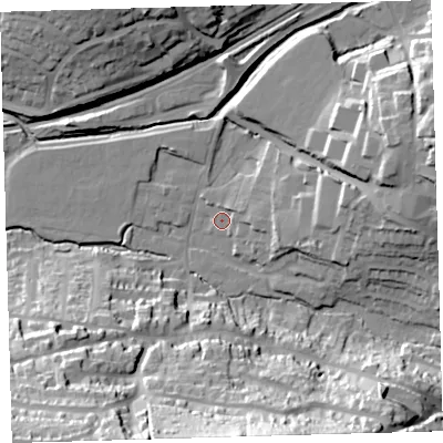 Shaded relief map of the ground around PL71AA, computed from Environment Agency LiDAR. The ground here sits at about 7 m above sea level and falls 52 m across the surrounding 800 m. Surface water reaching this point runs off ground lying to the east, 3.6 m higher.