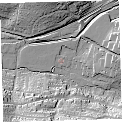 Shaded relief map of the ground around PL71AH, computed from Environment Agency LiDAR. The ground here sits at about 7 m above sea level and falls 45 m across the surrounding 800 m. Surface water reaching this point runs off ground lying to the north-west, 1.0 m higher.