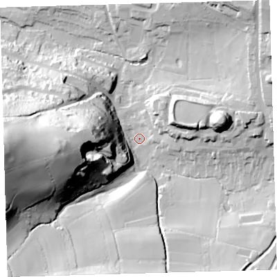 Shaded relief map of the ground around PL71FR, computed from Environment Agency LiDAR. The ground here sits at about 14 m above sea level and falls 86 m across the surrounding 800 m. Surface water reaching this point runs off ground lying to the west, 77.8 m higher.