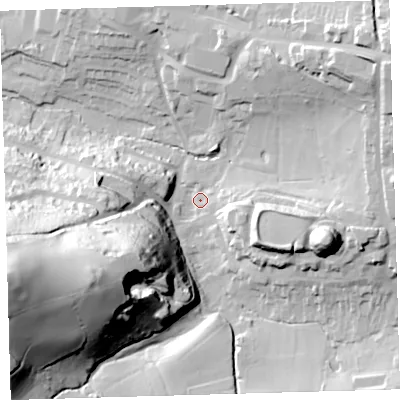 Shaded relief map of the ground around PL71GB, computed from Environment Agency LiDAR. The ground here sits at about 12 m above sea level and falls 88 m across the surrounding 800 m. Surface water reaching this point runs off ground lying to the west-south-west, 82.3 m higher.