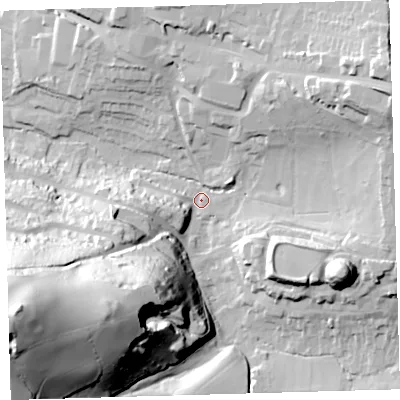 Shaded relief map of the ground around PL71HS, computed from Environment Agency LiDAR. The ground here sits at about 11 m above sea level and falls 90 m across the surrounding 800 m. Surface water reaching this point runs off ground lying to the west-south-west, 86.6 m higher.