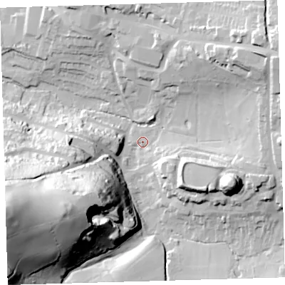 Shaded relief map of the ground around PL71HT, computed from Environment Agency LiDAR. The ground here sits at about 12 m above sea level and falls 87 m across the surrounding 800 m. Surface water reaching this point runs off ground lying to the west-south-west, 81.7 m higher.