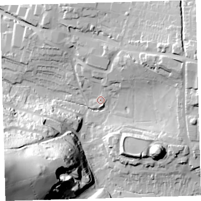 Shaded relief map of the ground around PL71HU, computed from Environment Agency LiDAR. The ground here sits at about 14 m above sea level and falls 83 m across the surrounding 800 m. Surface water reaching this point runs off ground lying to the north-east, 22.9 m higher.