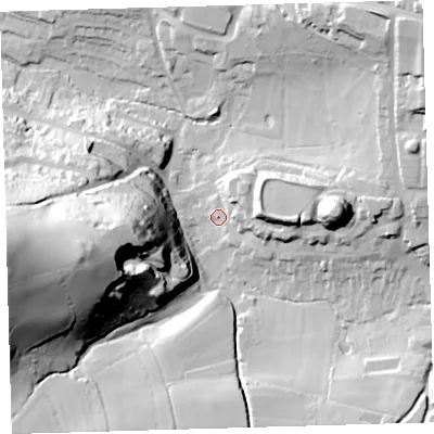 Shaded relief map of the ground around PL71ND, computed from Environment Agency LiDAR. The ground here sits at about 16 m above sea level and falls 83 m across the surrounding 800 m. Surface water reaching this point runs off ground lying to the east, 19.8 m higher.