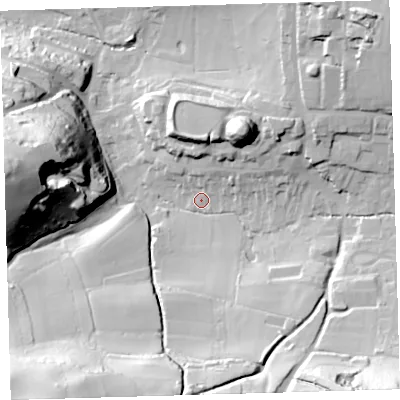 Shaded relief map of the ground around PL71NE, computed from Environment Agency LiDAR. The ground here sits at about 17 m above sea level and falls 71 m across the surrounding 800 m. Surface water reaching this point runs off ground lying to the south-east, 53.5 m higher.