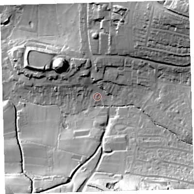 Shaded relief map of the ground around PL71NJ, computed from Environment Agency LiDAR. The ground here sits at about 21 m above sea level and falls 62 m across the surrounding 800 m. Surface water reaching this point runs off ground lying to the south, 49.9 m higher.