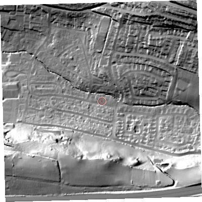 Shaded relief map of the ground around PL71NU, computed from Environment Agency LiDAR. The ground here sits at about 33 m above sea level and falls 73 m across the surrounding 800 m. Surface water reaching this point runs off ground lying to the south-south-east, 56.7 m higher.