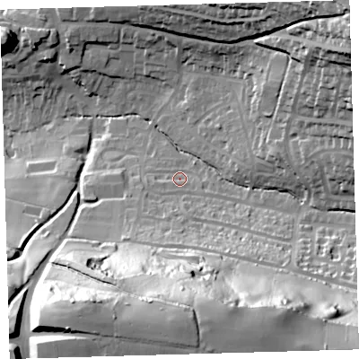 Shaded relief map of the ground around PL71NX, computed from Environment Agency LiDAR. The ground here sits at about 29 m above sea level and falls 72 m across the surrounding 800 m. Surface water reaching this point runs off ground lying to the south, 61.5 m higher.