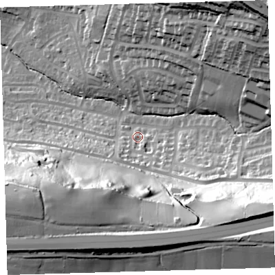 Shaded relief map of the ground around PL71PF, computed from Environment Agency LiDAR. The ground here sits at about 40 m above sea level and falls 74 m across the surrounding 800 m. Surface water reaching this point runs off ground lying to the south-south-east, 12.9 m higher.