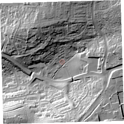 Shaded relief map of the ground around PL71PJ, computed from Environment Agency LiDAR. The ground here sits at about 71 m above sea level and falls 57 m across the surrounding 800 m. Surface water reaching this point runs off ground lying to the north-east, 41.3 m higher.