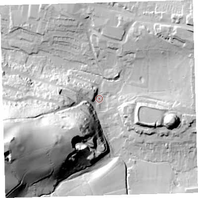 Shaded relief map of the ground around PL71PP, computed from Environment Agency LiDAR. The ground here sits at about 12 m above sea level and falls 90 m across the surrounding 800 m. Surface water reaching this point runs off ground lying to the west-south-west, 84.9 m higher.