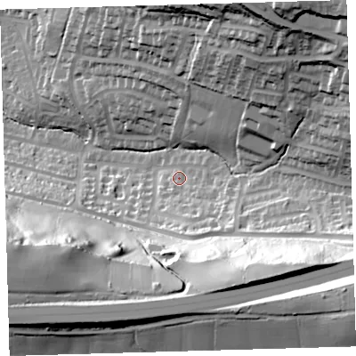 Shaded relief map of the ground around PL71PQ, computed from Environment Agency LiDAR. The ground here sits at about 44 m above sea level and falls 73 m across the surrounding 800 m. Surface water reaching this point runs off ground lying to the south-south-east, 50.7 m higher.