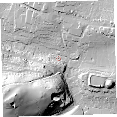 Shaded relief map of the ground around PL71PY, computed from Environment Agency LiDAR. The ground here sits at about 11 m above sea level and falls 90 m across the surrounding 800 m. Surface water reaching this point runs off ground lying to the south-west, 87.2 m higher.