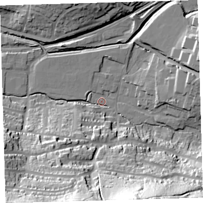 Shaded relief map of the ground around PL71QP, computed from Environment Agency LiDAR. The ground here sits at about 6 m above sea level and falls 74 m across the surrounding 800 m. Surface water reaching this point runs off ground lying to the south-south-east, 72.7 m higher.