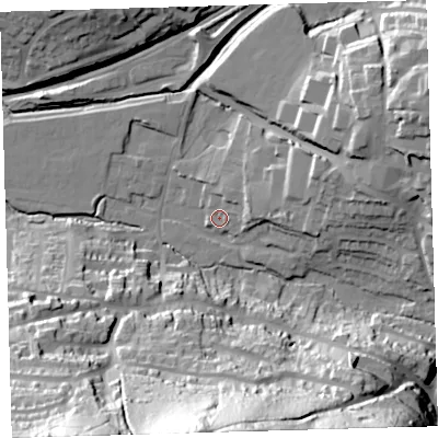 Shaded relief map of the ground around PL71QS, computed from Environment Agency LiDAR. The ground here sits at about 8 m above sea level and falls 75 m across the surrounding 800 m. Surface water reaching this point runs off ground lying to the east-north-east, 5.7 m higher.