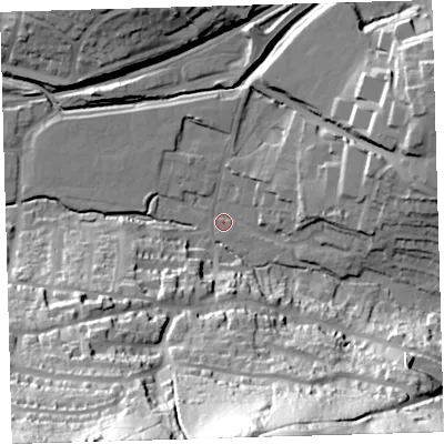 Shaded relief map of the ground around PL71QW, computed from Environment Agency LiDAR. The ground here sits at about 6 m above sea level and falls 77 m across the surrounding 800 m. Surface water reaching this point runs off ground lying to the south-south-east, 76.3 m higher.