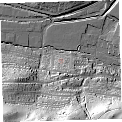 Shaded relief map of the ground around PL71RA, computed from Environment Agency LiDAR. The ground here sits at about 13 m above sea level and falls 90 m across the surrounding 800 m. Surface water reaching this point runs off ground lying to the south, 12.2 m higher.