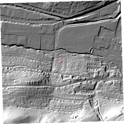 Shaded relief map of the ground around PL71RB, computed from Environment Agency LiDAR. The ground here sits at about 10 m above sea level and falls 88 m across the surrounding 800 m. Surface water reaching this point runs off ground lying to the south, 69.8 m higher.