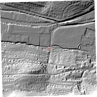 Shaded relief map of the ground around PL71RD, computed from Environment Agency LiDAR. The ground here sits at about 5 m above sea level and falls 71 m across the surrounding 800 m. Surface water reaching this point runs off ground lying to the south-south-west, 70.5 m higher.