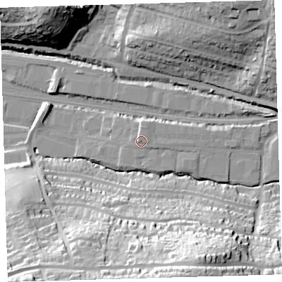 Shaded relief map of the ground around PL71RF, computed from Environment Agency LiDAR. The ground here sits at about 8 m above sea level and falls 49 m across the surrounding 800 m. Surface water reaching this point runs off ground lying to the north-north-west, 1.3 m higher.