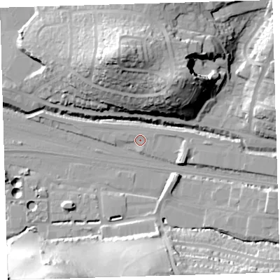 Shaded relief map of the ground around PL71SR, computed from Environment Agency LiDAR. The ground here sits at about 4 m above sea level and falls 40 m across the surrounding 800 m. Surface water reaching this point runs off ground lying to the north-east, 1.5 m higher.