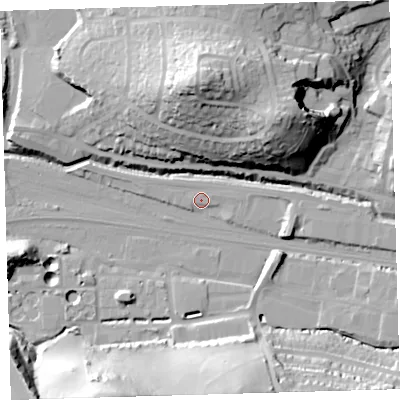 Shaded relief map of the ground around PL71SS, computed from Environment Agency LiDAR. The ground here sits at about 4 m above sea level and falls 40 m across the surrounding 800 m. Surface water reaching this point runs off ground lying to the east, 1.3 m higher.